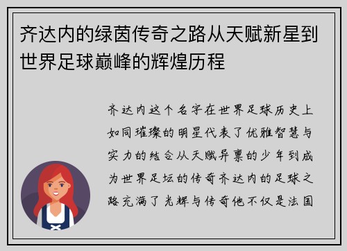齐达内的绿茵传奇之路从天赋新星到世界足球巅峰的辉煌历程 齐达内的绿茵传奇之路从天赋新星到世界足球巅峰的辉煌历程