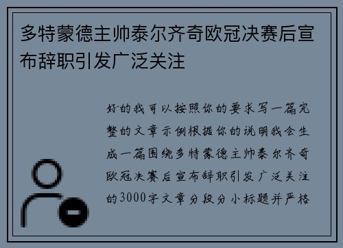 多特蒙德主帅泰尔齐奇欧冠决赛后宣布辞职引发广泛关注